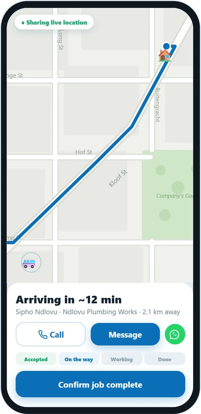 sortit screen: live map, pro twelve minutes away