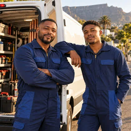 Two pros in blue coveralls standing by their van
